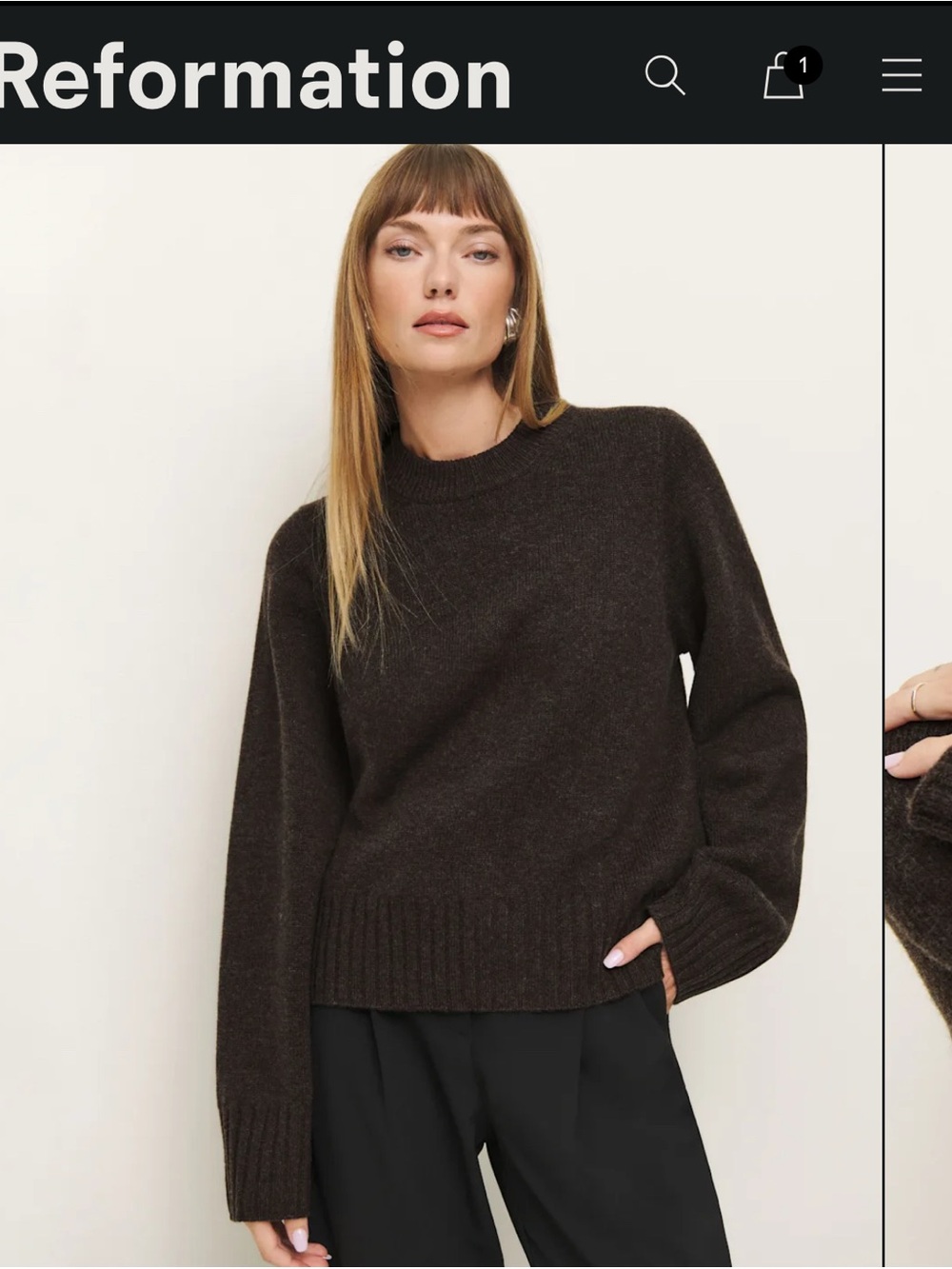 Reformation Calloway Dark Brown Wool Crewneck Sweater